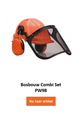 Afbeelding van de bosarbeidersset PW98 in oranje met gehoorbescherming en zwart gezichtsvizier. Hieronder staat de artikelnaam en een oranje knop die naar het artikel leidt.