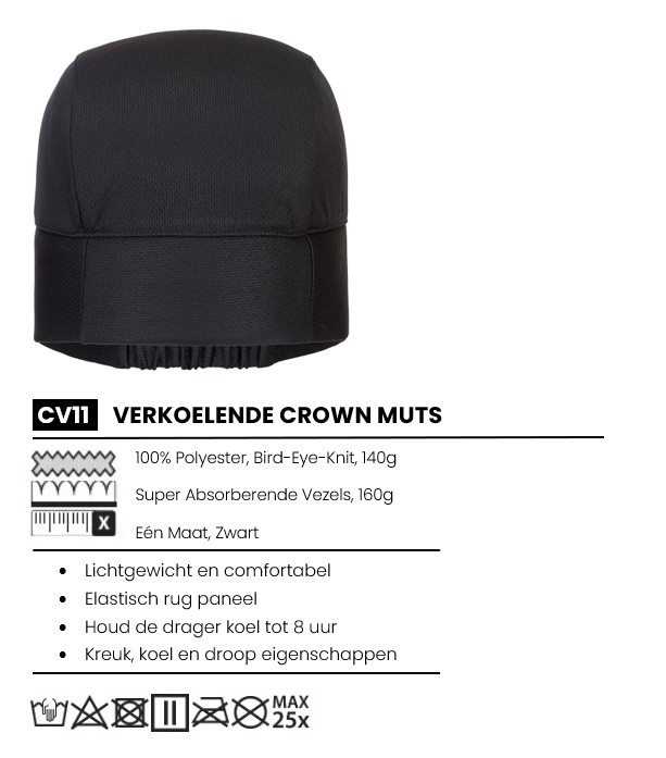 Zwarte CV11 koelmuts gemaakt van 100% polyester, bird-eye breisel, 140g, met sterk absorberende vezels, 160g. Eén maat, elastische achterkant. Lichtgewicht en comfortabel, blijft tot 8 uur koel, met absorberende, koel- en droogfuncties. Er wordt een link naar het artikel gegeven.