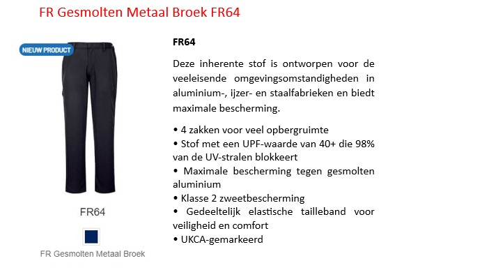 FR-broek tegen gesmolten metaal FR64 in donkerblauw met een link naar het artikel.