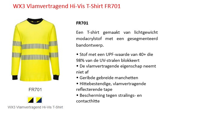 WX3 vlamvertragend waarschuwingsbescherming T-shirt FR701 in geel met Relfex strepen en een link die naar de artikelpagina leidt.