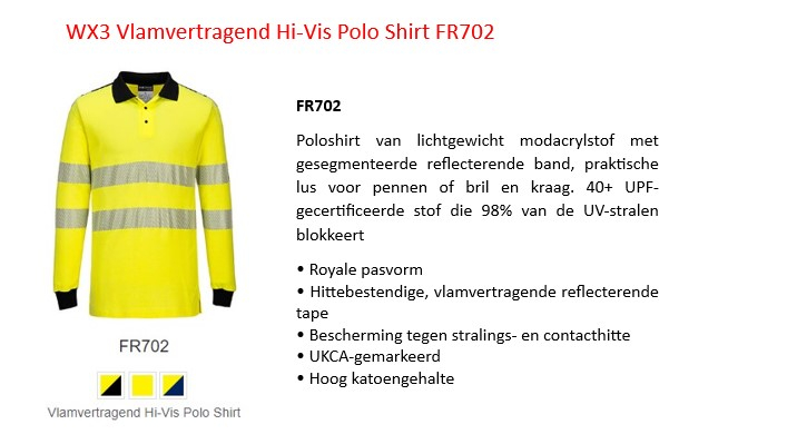 WX3 vlamvertragende hoge zichtbaarheid poloshirt FR702 in geel met Relfex strepen en een link die naar de artikelpagina leidt.