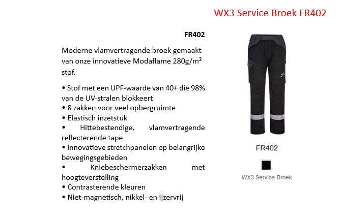 WX3 FR Servicebroek FR402 in zwart met reflecterende strepen en een link die naar de artikelpagina leidt.